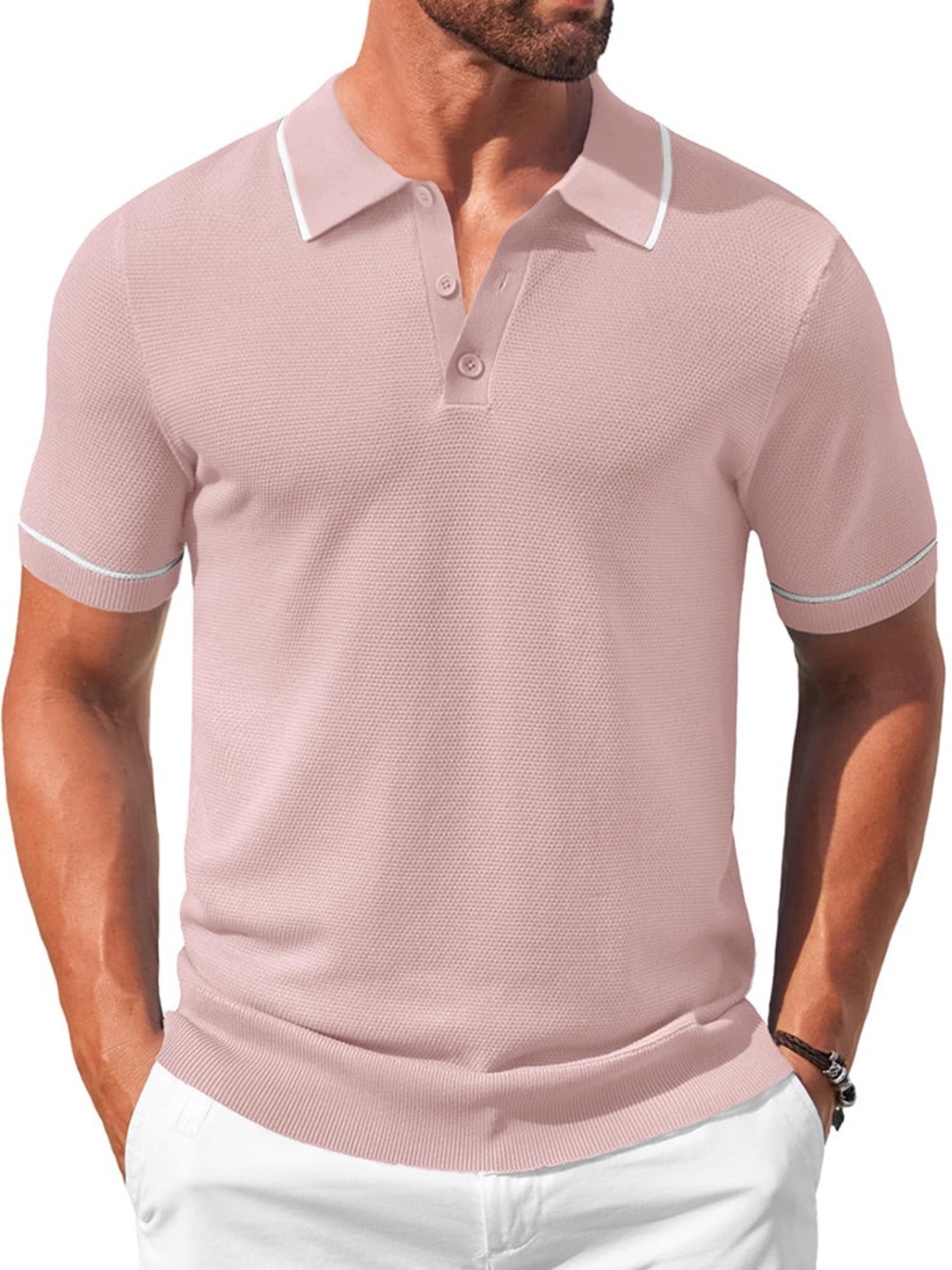 COOFANDY Men’s Pink Knit Polo Shirt White Trim Short Sleeve Size 3XL